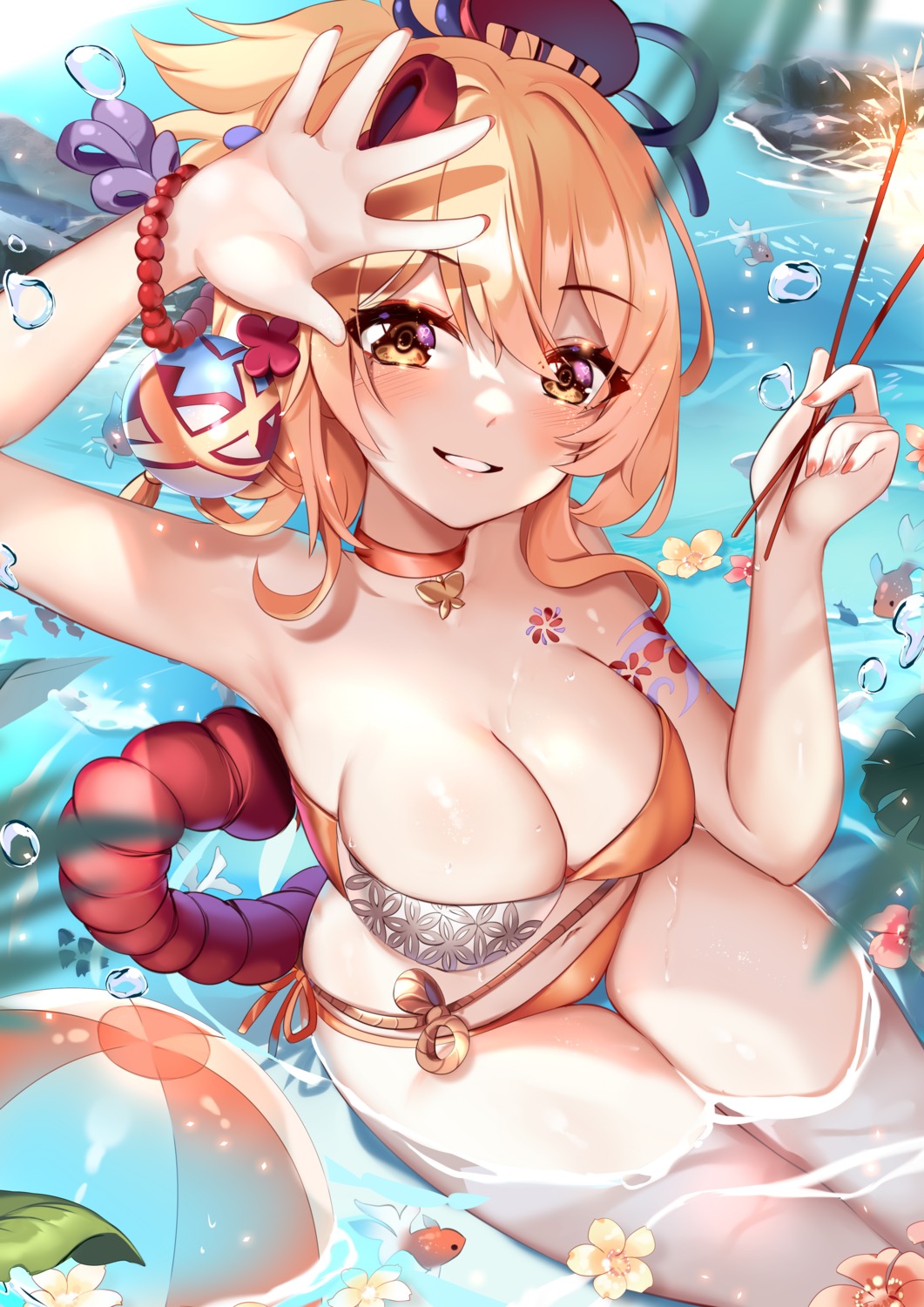 bikini genshin_impact squchan swimsuits tattoo wet yoimiya