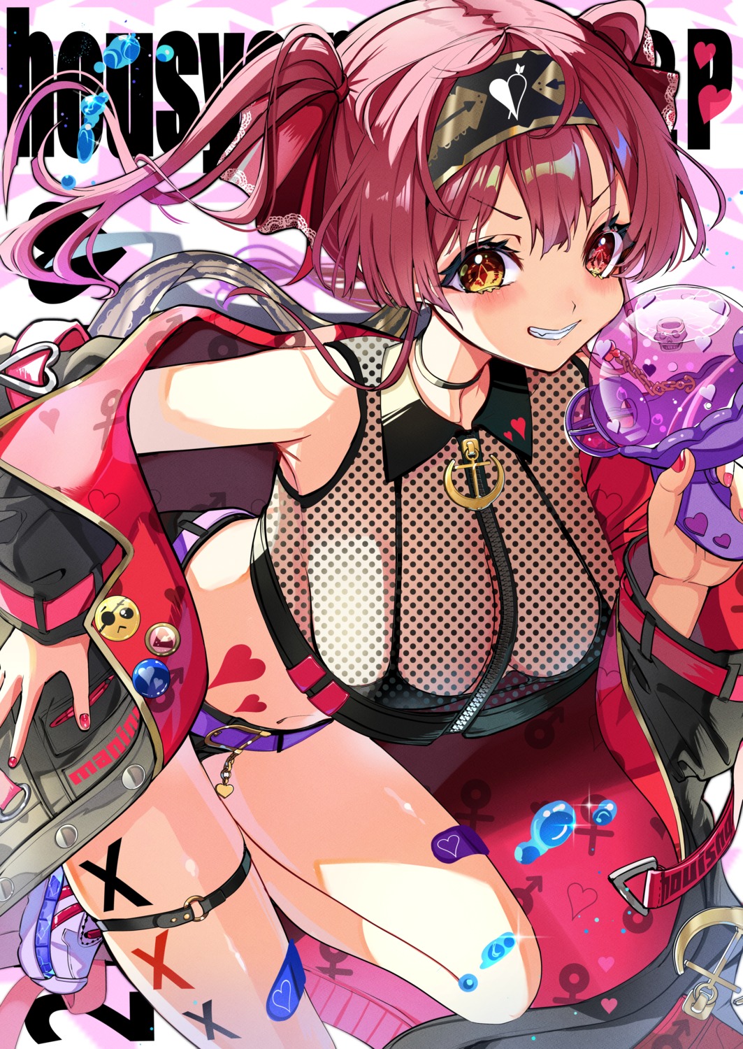 bandaid bra garter gun heterochromia hololive houshou_marine piyokuma see_through tattoo