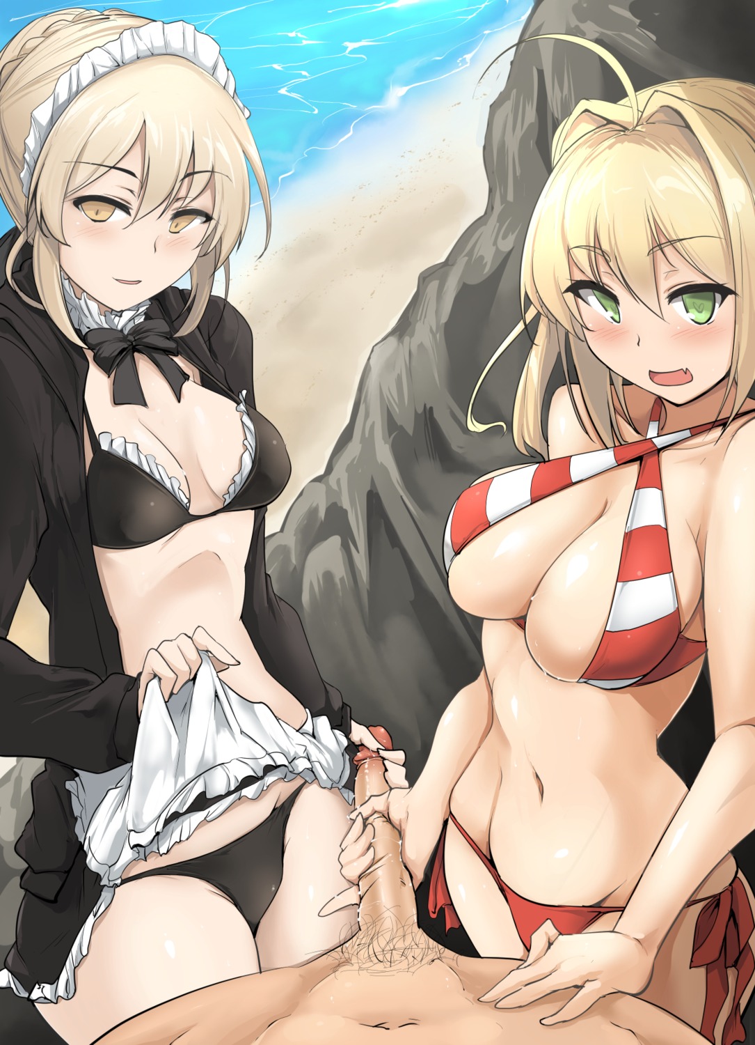 bikini cleavage fate/grand_order handjob maid momio open_shirt penis saber saber_alter saber_extra skirt_lift swimsuits uncensored