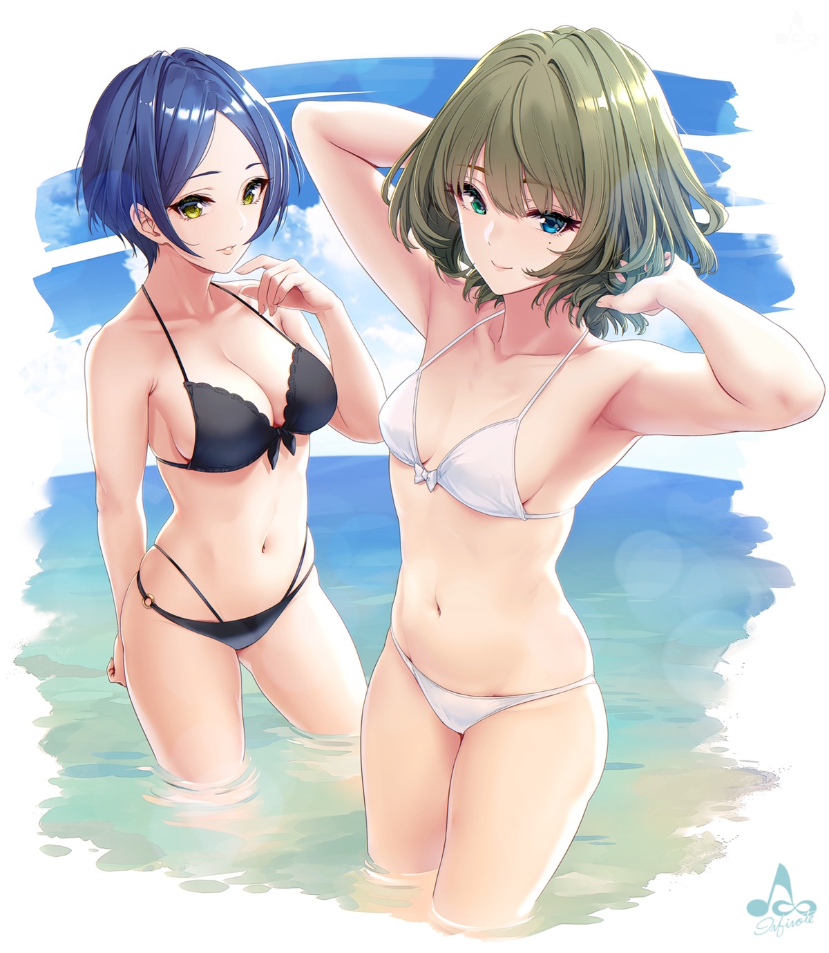 bikini cleavage hayami_kanade heterochromia infinote swimsuits takagaki_kaede the_idolm@ster the_idolm@ster_cinderella_girls wet