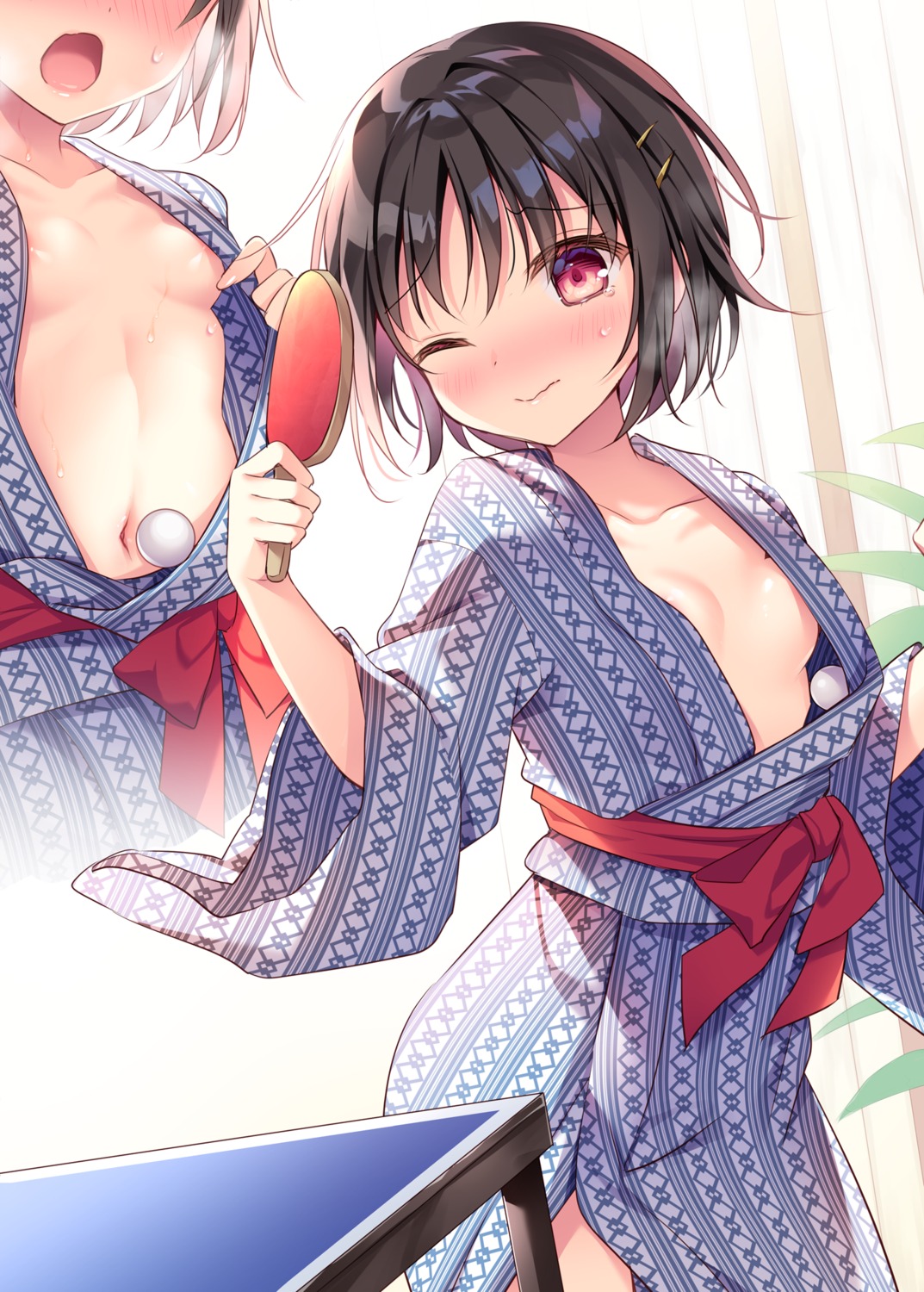 areola kiginu_yuu loli no_bra open_shirt shikitani_asuka undressing wardrobe_malfunction yukata