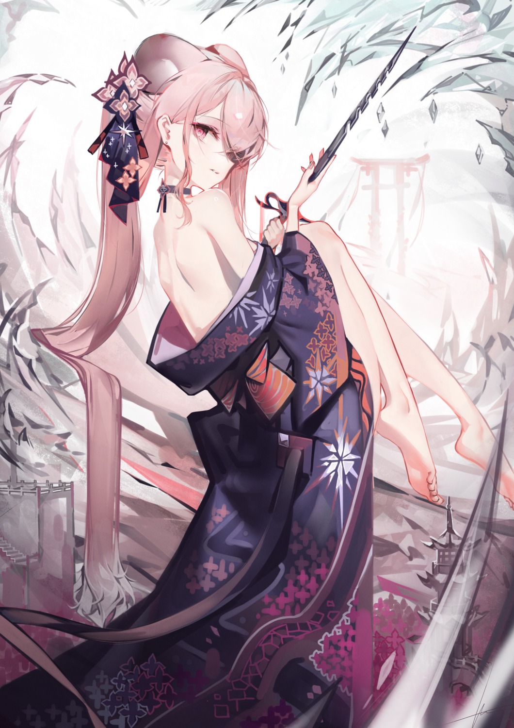 animal_ears arknights kimono lin_yuhsia_(arknights) no_bra ribiadan sword