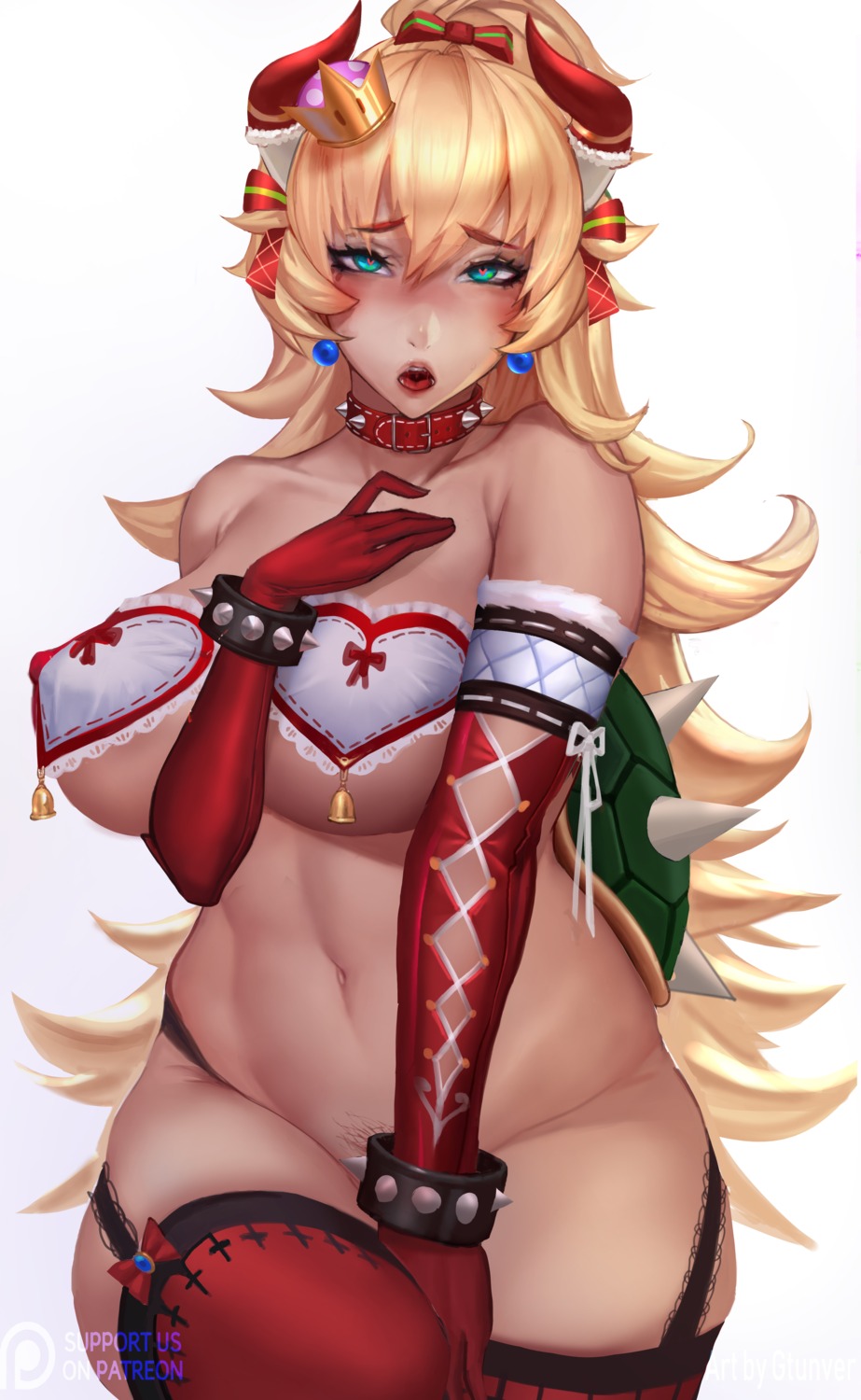 bottomless bowsette bra breast_hold christmas gtunver horns new_super_mario_bros._u_deluxe pubic_hair stockings thighhighs
