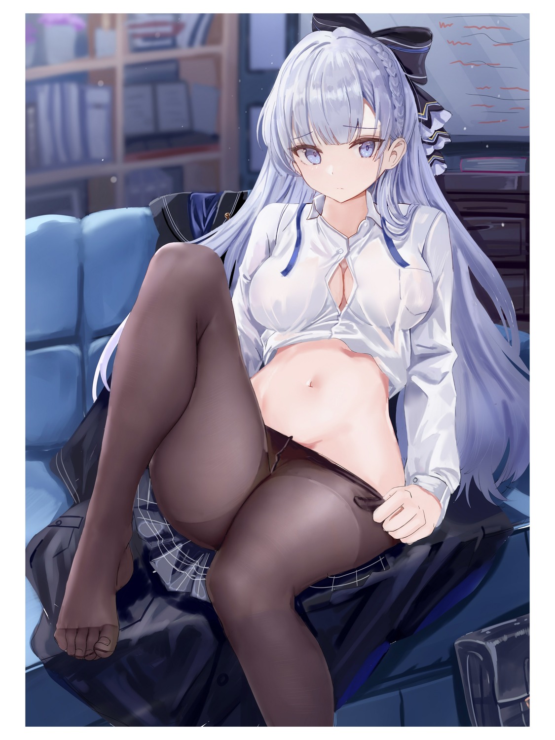 age_fx argus_(azur_lane) azur_lane no_bra nopan open_shirt pantyhose see_through seifuku undressing