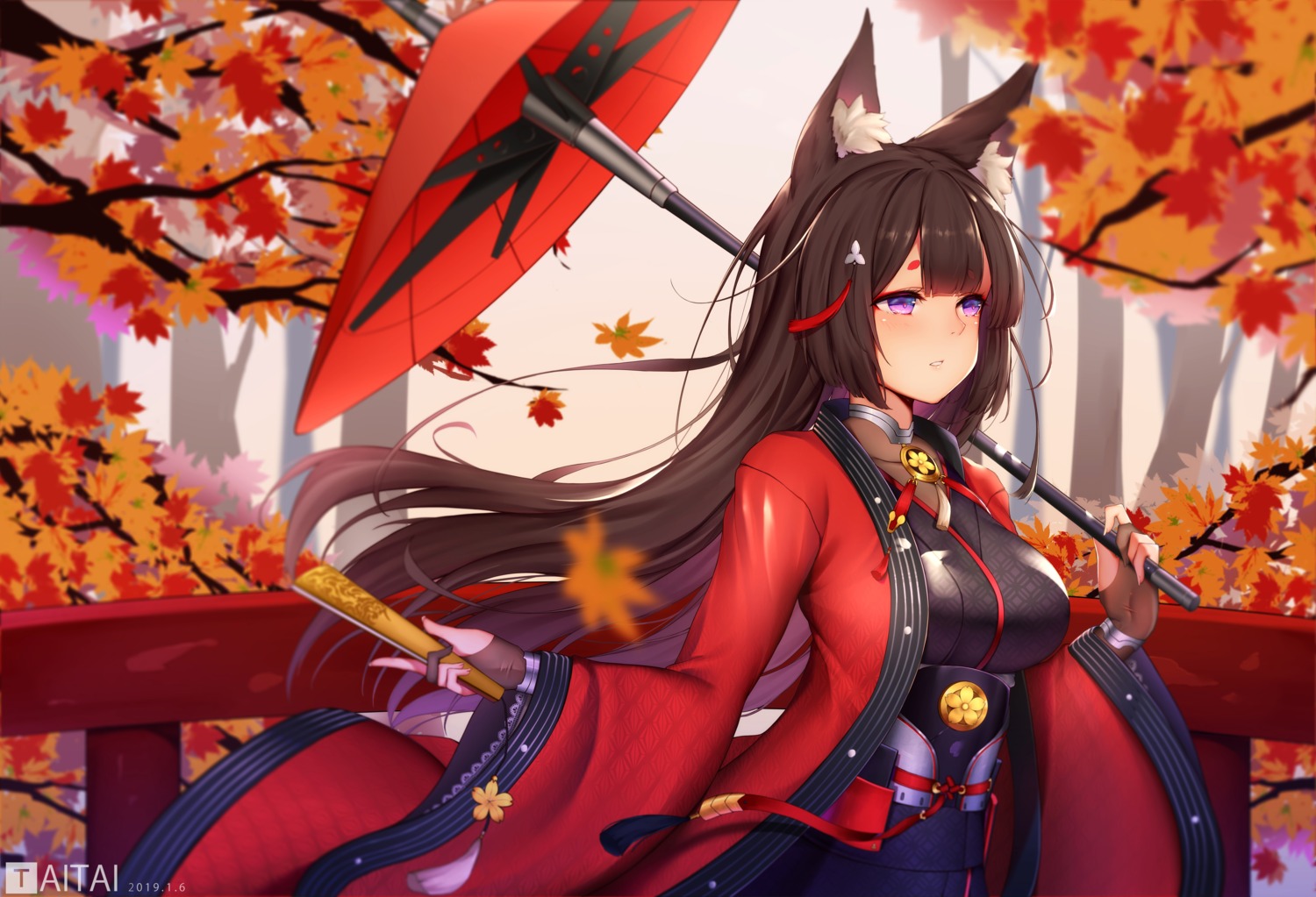 amagi_(azur_lane) animal_ears azur_lane japanese_clothes kitsune taitai umbrella