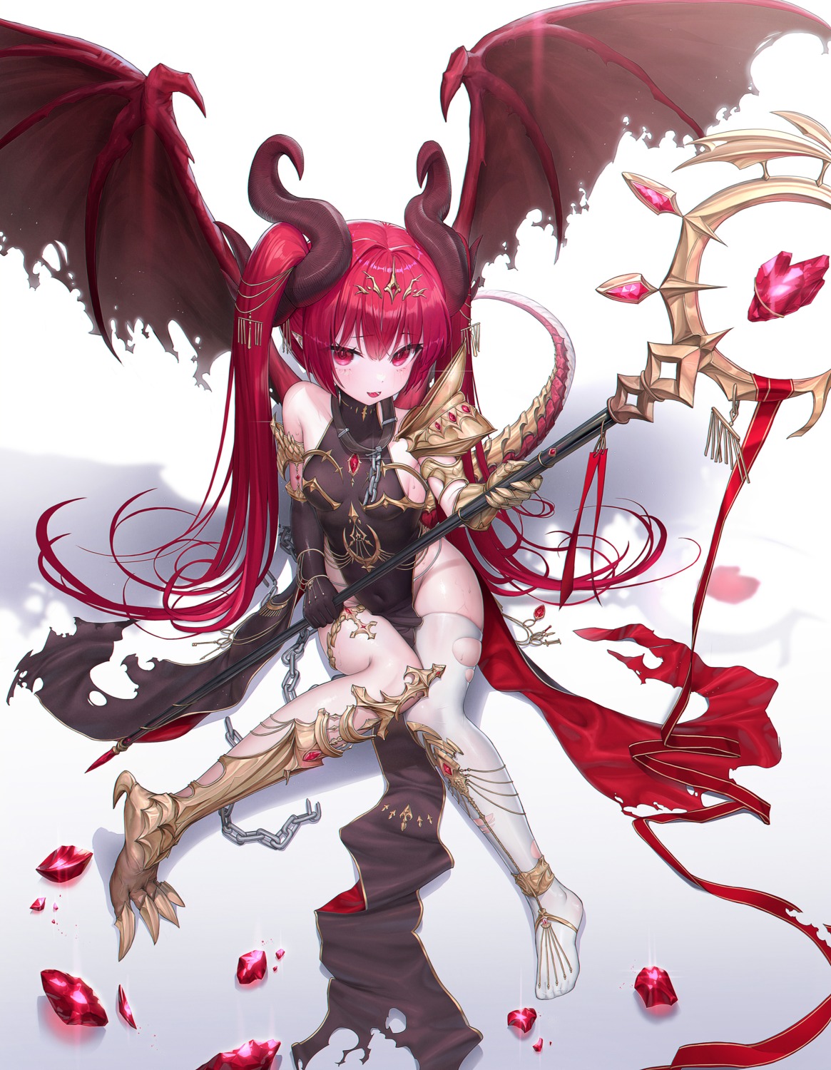 armor dress garter horns no_bra pointy_ears tail thighhighs torn_clothes weapon wings yjs0803123