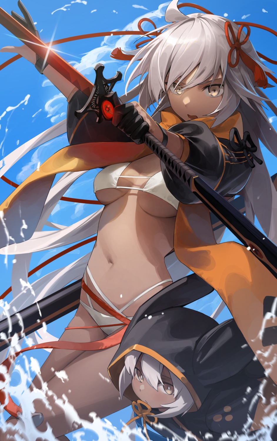 bikini fate/grand_order okita_souji_(alter)_(fate) open_shirt star741 swimsuits sword wet