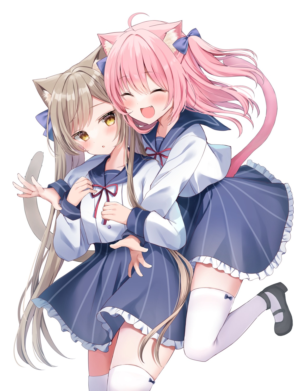 animal_ears hamico nekomimi seifuku skirt_lift tail thighhighs yuri