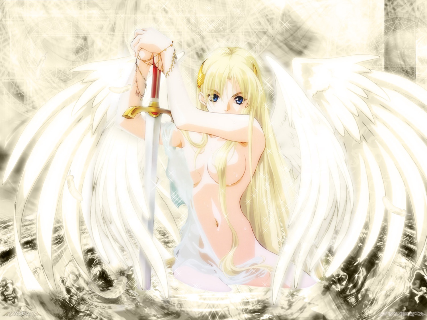 angel naked photoshop rin_sin see_through sharon sword towel wallpaper watermark wet wet_clothes wings words_worth