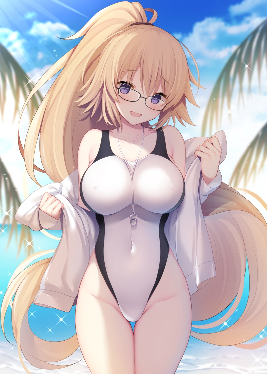 erect_nipples fate/grand_order jeanne_d'arc jeanne_d'arc_(fate) megane miko_92 open_shirt swimsuits
