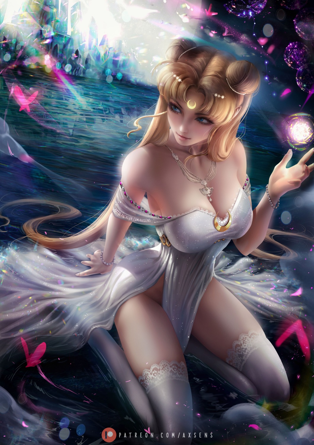 axsens cleavage dress no_bra nopan princess_serenity sailor_moon thighhighs wet