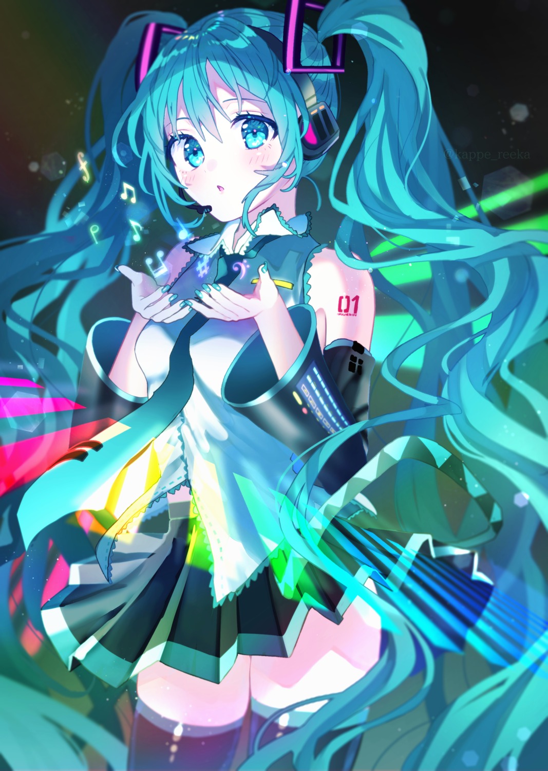 hatsune_miku headphones reekaruru tattoo thighhighs vocaloid