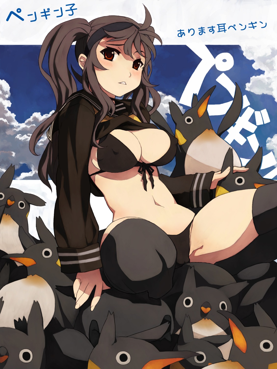 bikini caee_penguin cleavage erect_nipples penguin seifuku shirt_lift swimsuits thighhighs