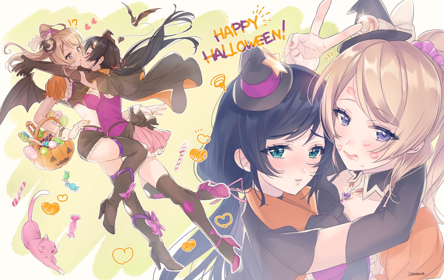 ayase_eli halloween heels love_live! thighhighs toujou_nozomi wings yuri zawawa_(satoukibi1108)