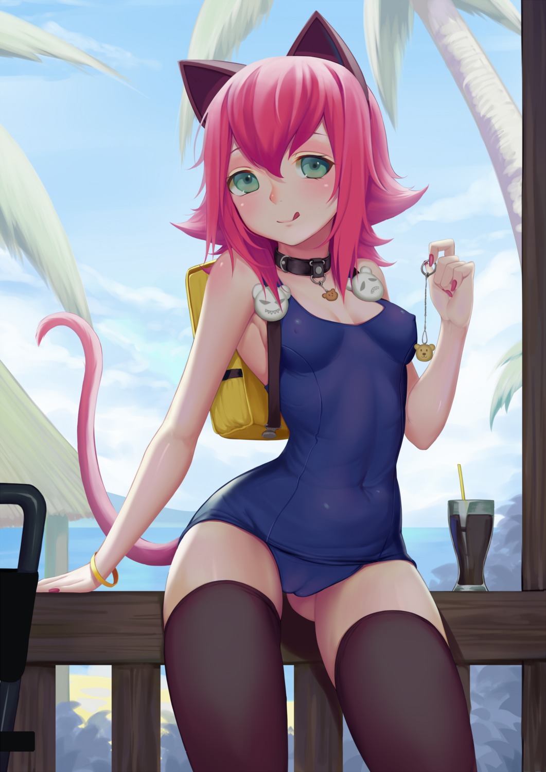 animal_ears annie_hastur cameltoe cleavage erect_nipples league_of_legends nekomimi school_swimsuit sonikey0_0 swimsuits tail thighhighs