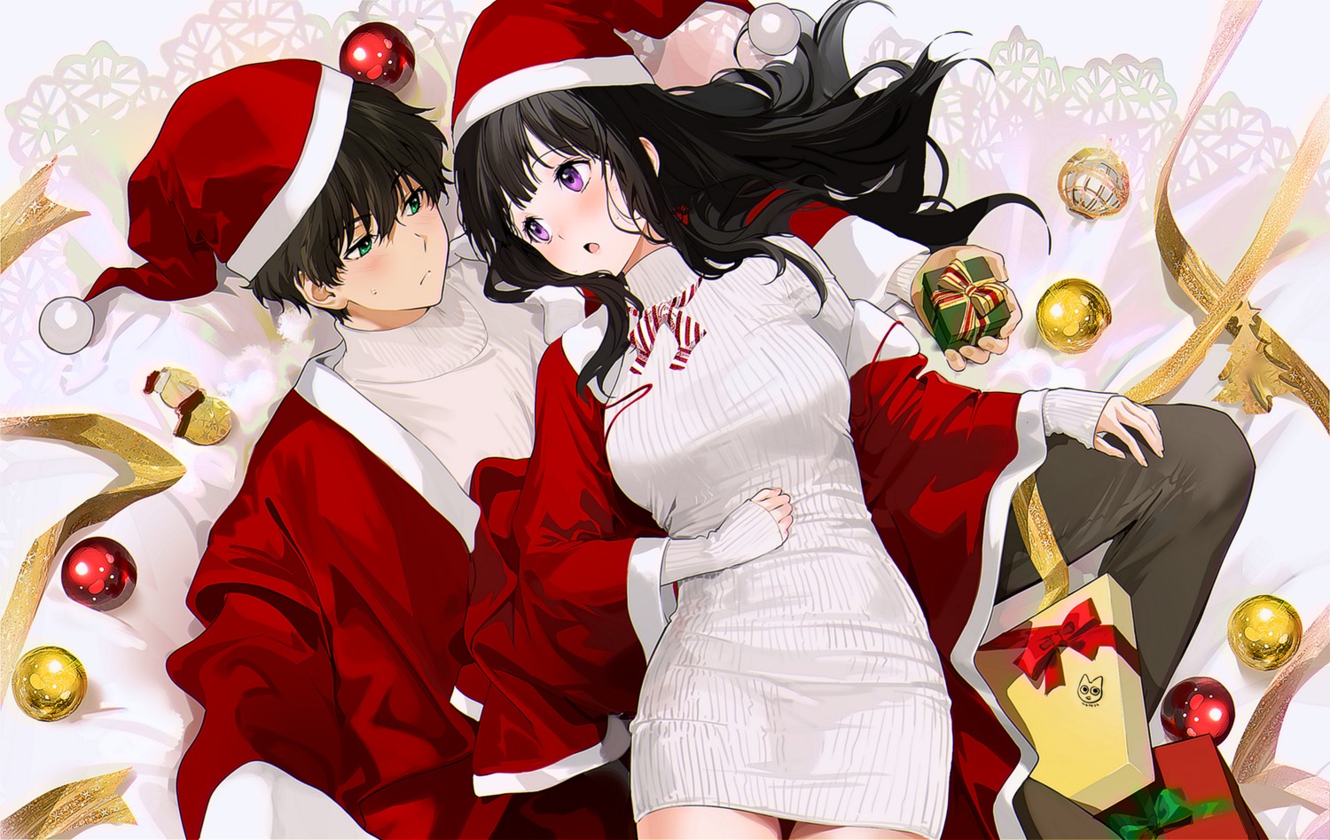 chitanda_eru christmas dress hyouka mery_(yangmalgage) oreki_houtarou sweater