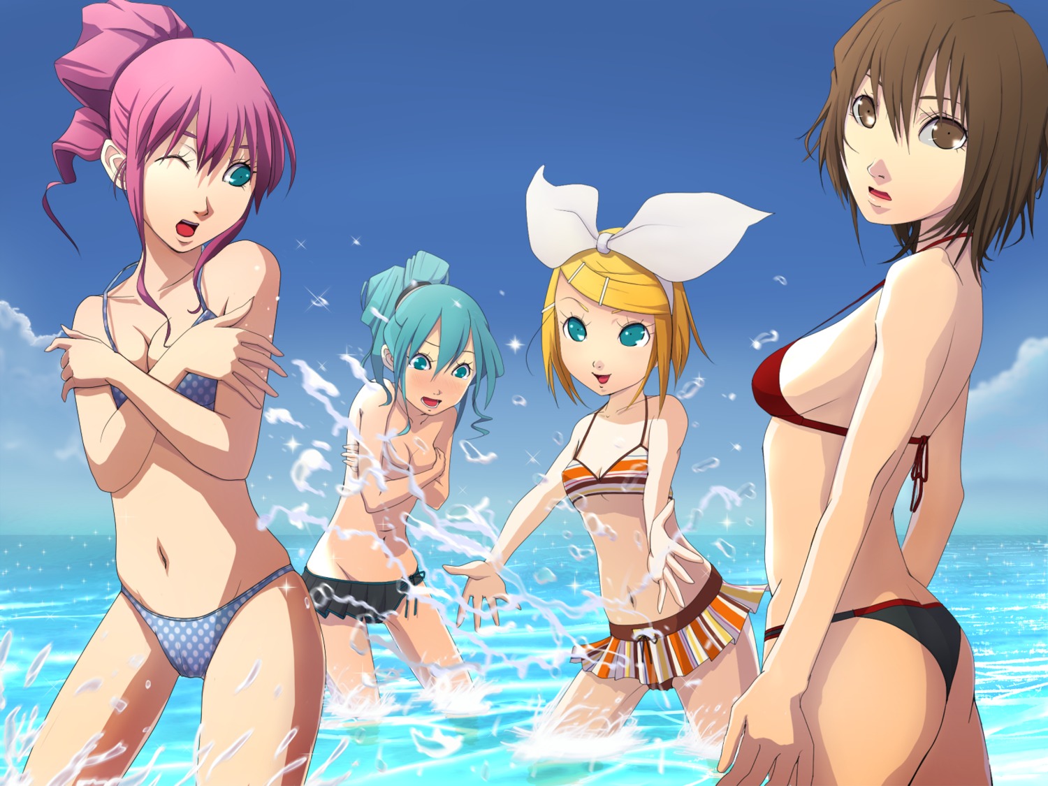 bikini breast_hold cleavage hatsune_miku kagamine_rin megurine_luka meiko shibuchoo swimsuits topless vocaloid wallpaper