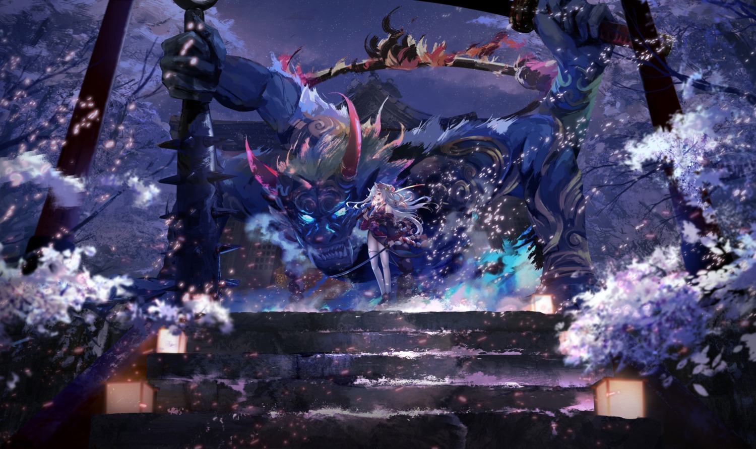 hololive horns japanese_clothes landscape monster nakiri_ayame skirt_lift sword tagme thighhighs weapon