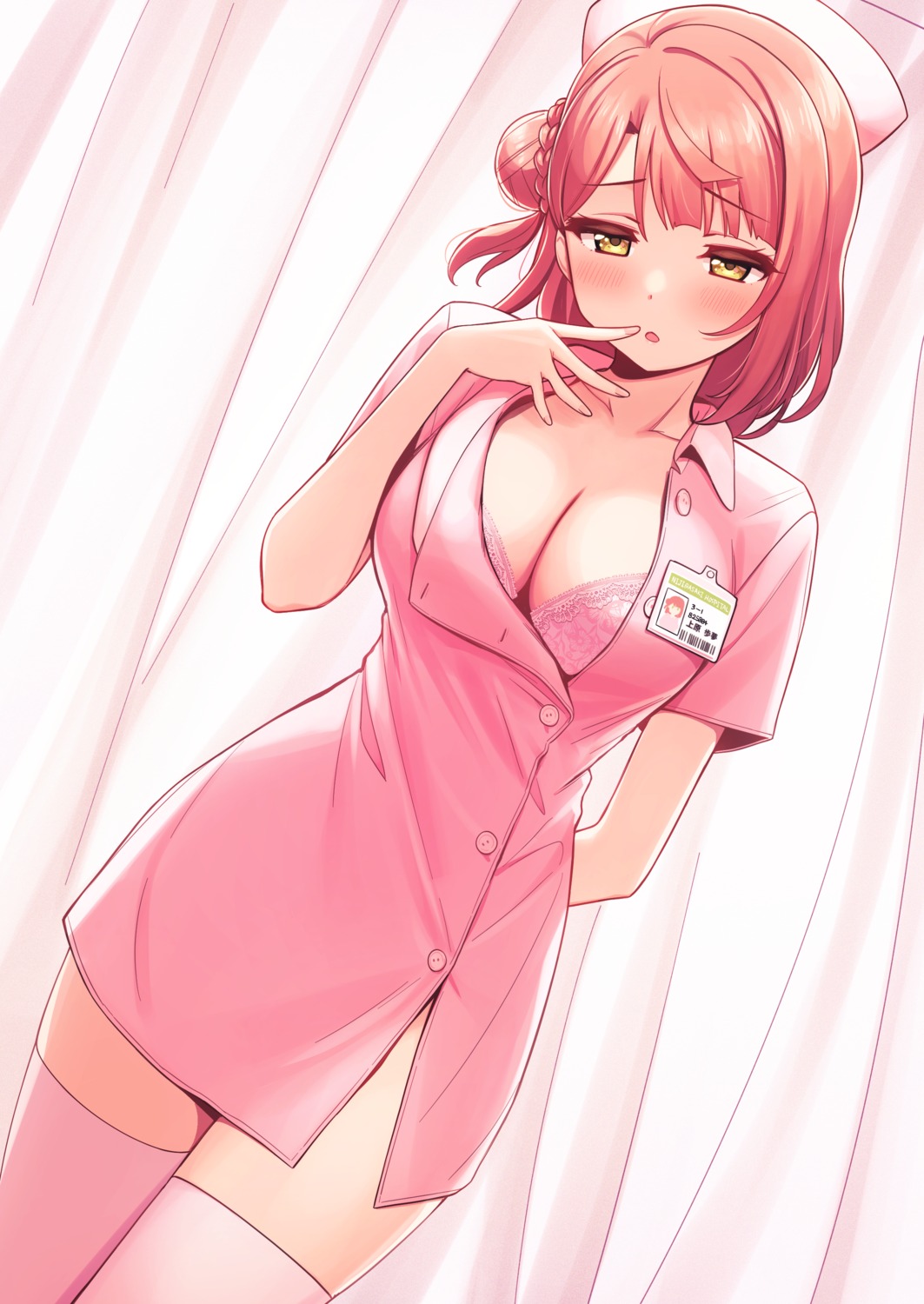 bra cleavage deadnooodles love_live!_nijigasaki_high_school_idol_club nurse open_shirt thighhighs uehara_ayumu