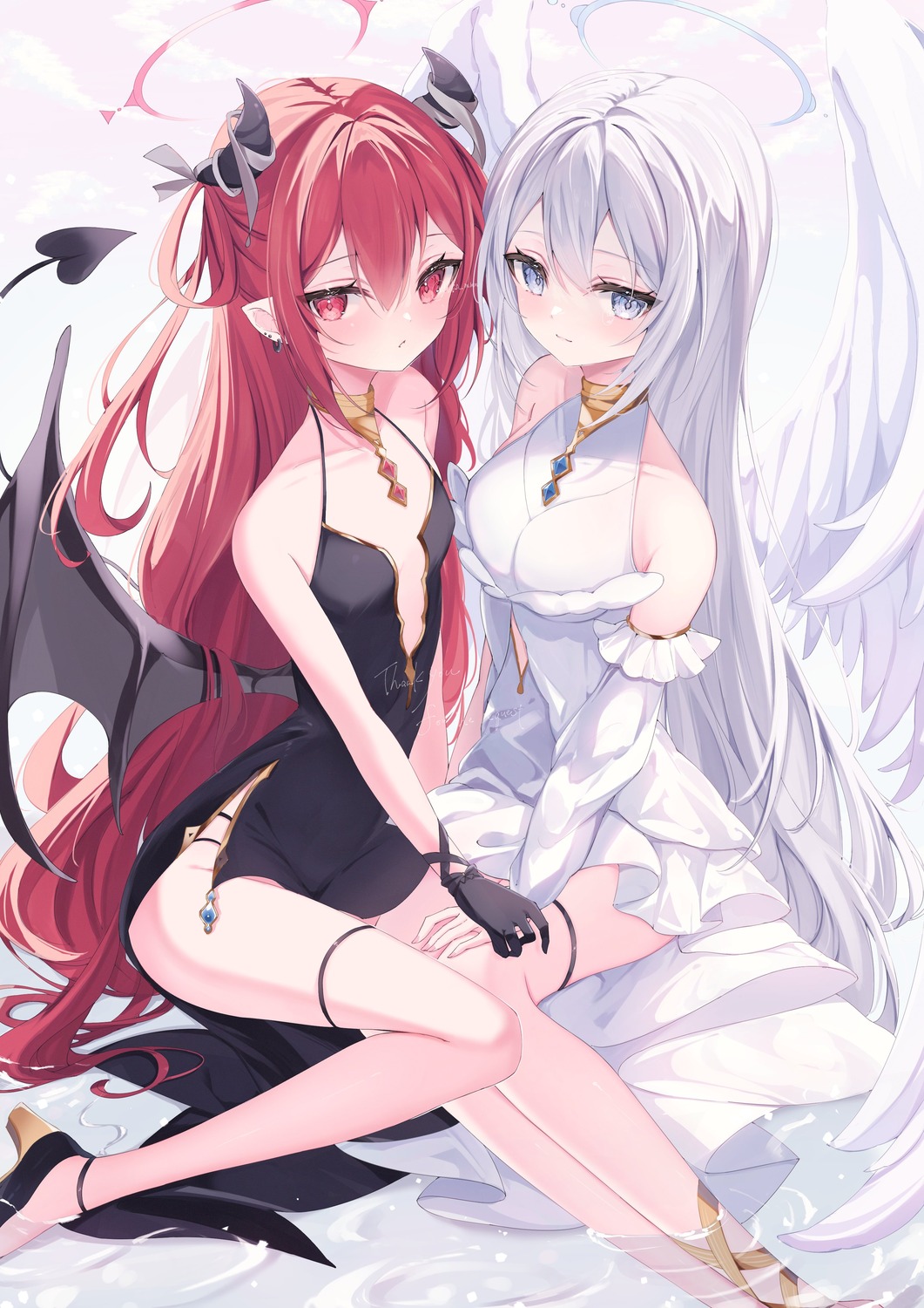 angel devil dress garter halo heels horns no_bra okomeillust pointy_ears tail wet wings yuri