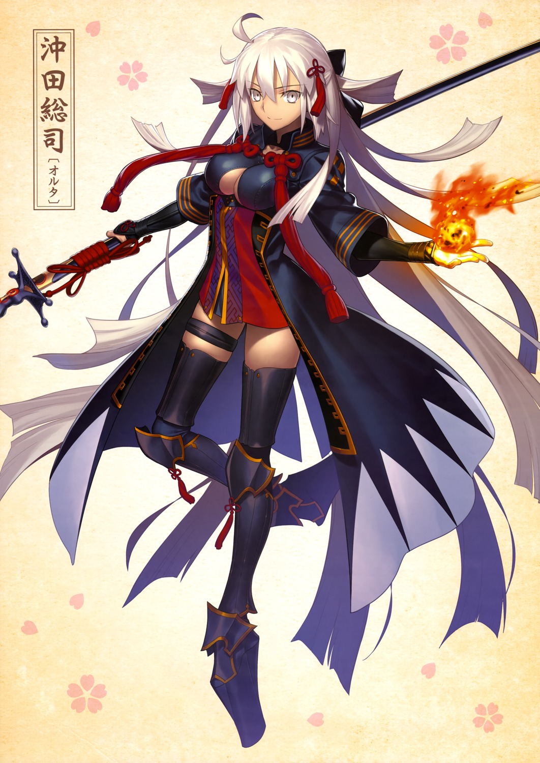 armor cleavage fate/grand_order garter no_bra okita_souji_(alter)_(fate) open_shirt sword takeuchi_takashi thighhighs type-moon
