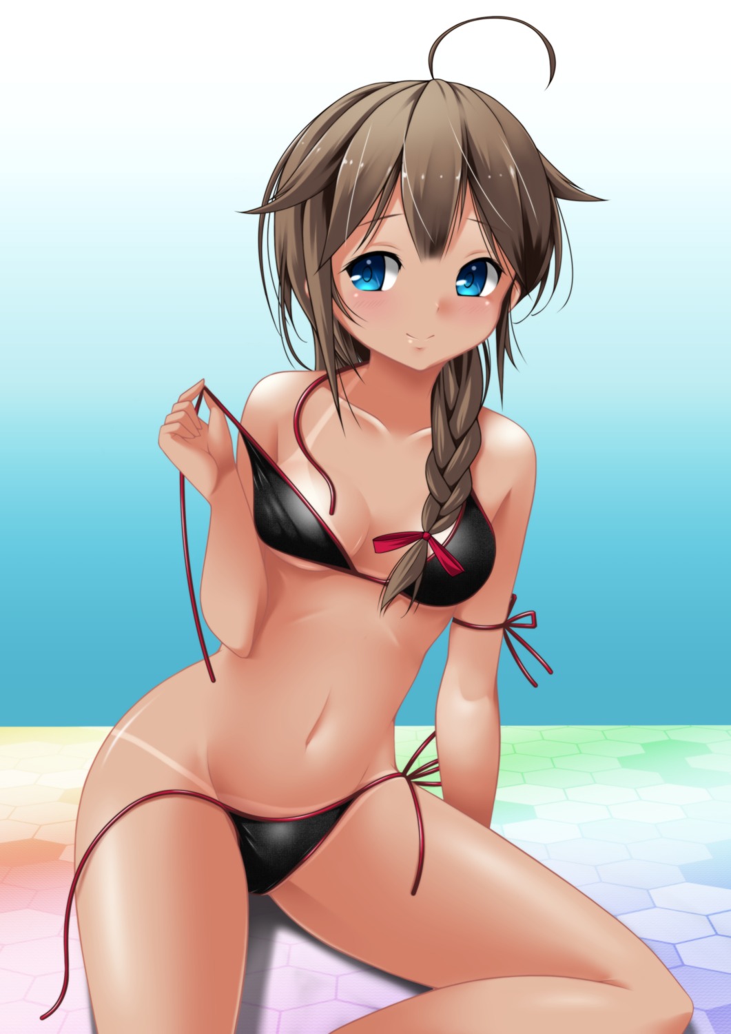 bikini cleavage kantai_collection kaze_makase shigure_(kancolle) swimsuits tan_lines underboob undressing