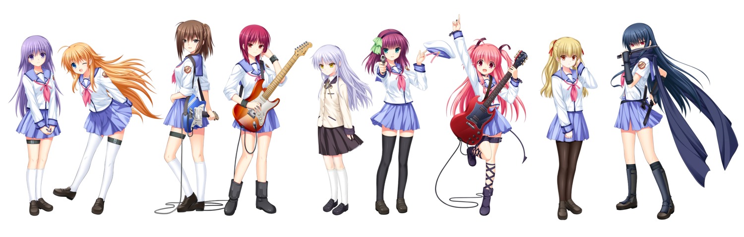 angel_beats! fuchita_hisako garter guitar gun irie_miyuki iwasawa_masami key na-ga nakamura_yuri pantyhose seifuku sekine_shiori shiina tachibana_kanade thighhighs weapon yoshioka_yui yusa