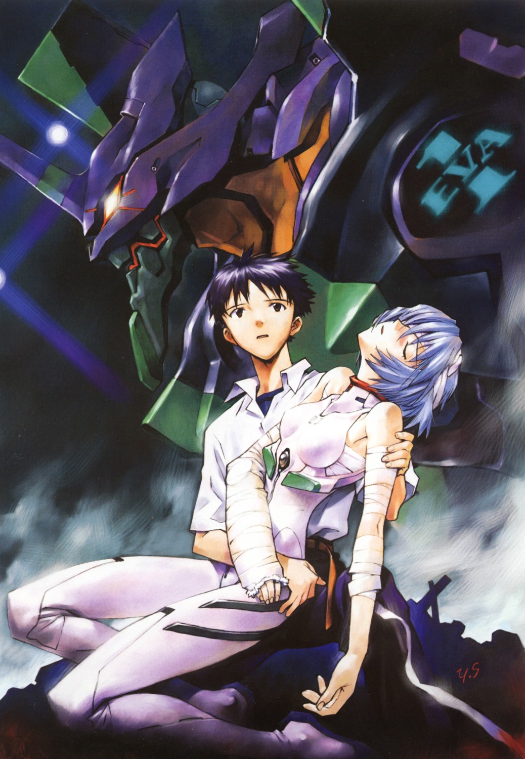 ayanami_rei bandages bodysuit eva_01 ikari_shinji neon_genesis_evangelion sadamoto_yoshiyuki screening