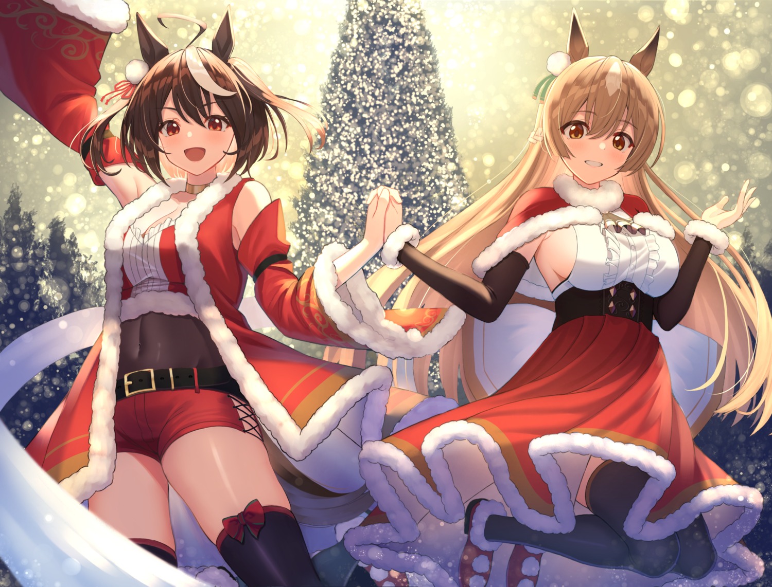 animal_ears christmas cleavage kitasan_black_(umamusume) mutenka_(plfgb) satono_diamond_(umamusume) thighhighs uma_musume_pretty_derby