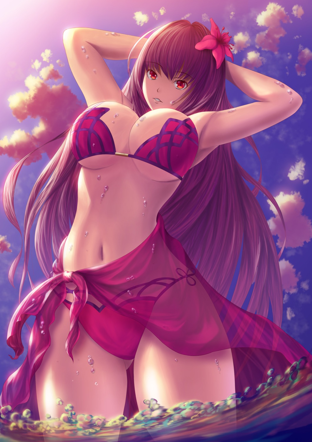 bikini fate/grand_order fujifuji garter scathach_(fate/grand_order) see_through swimsuits underboob wet