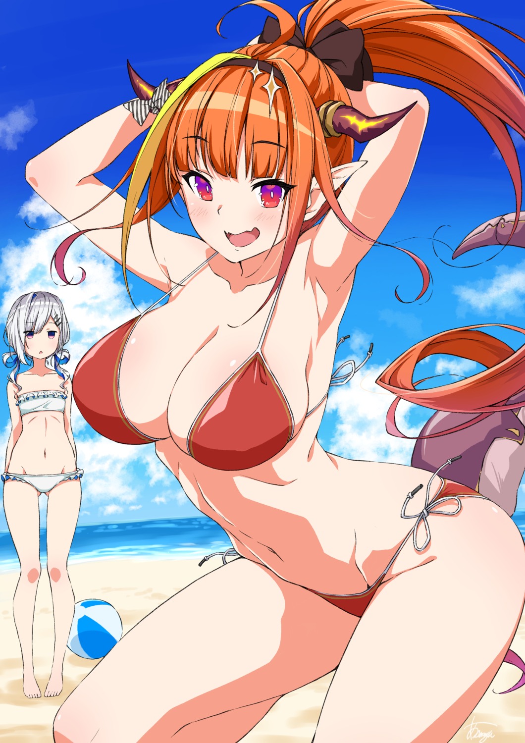 amane_kanata asanaya bikini hololive horns kiryuu_coco pointy_ears swimsuits tail