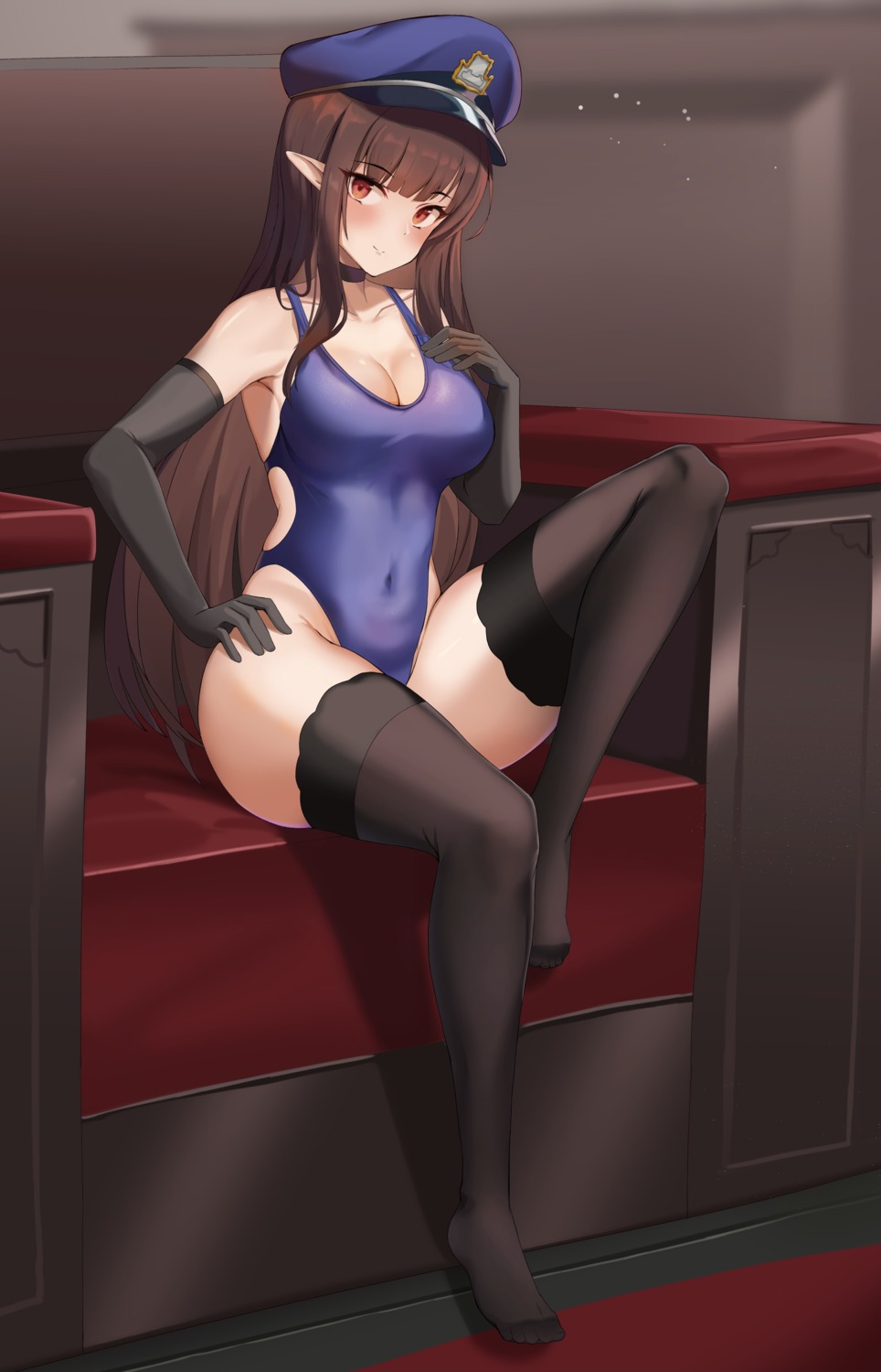 cleavage pharamacom pointy_ears swimsuits thighhighs