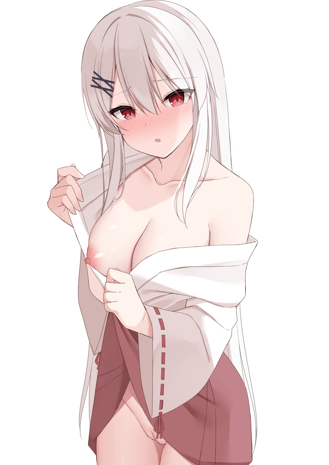 breasts kamu_(geeenius) miko nipples no_bra nopan open_shirt pussy skirt_lift uncensored undressing