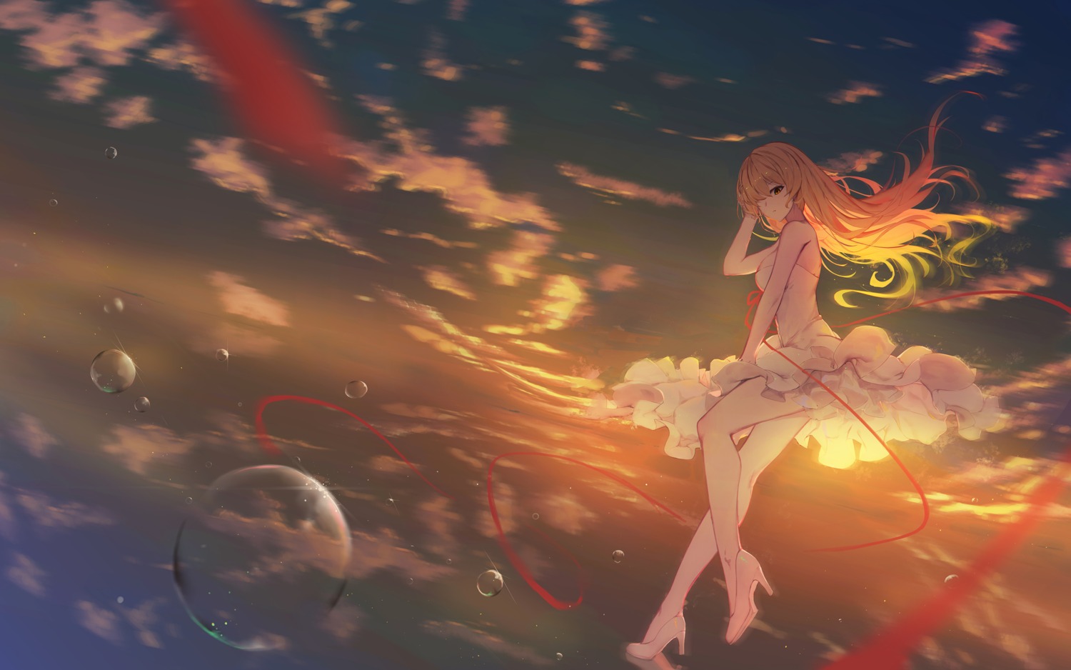 asa_ni_haru dress heels landscape monogatari_(series) oshino_shinobu skirt_lift