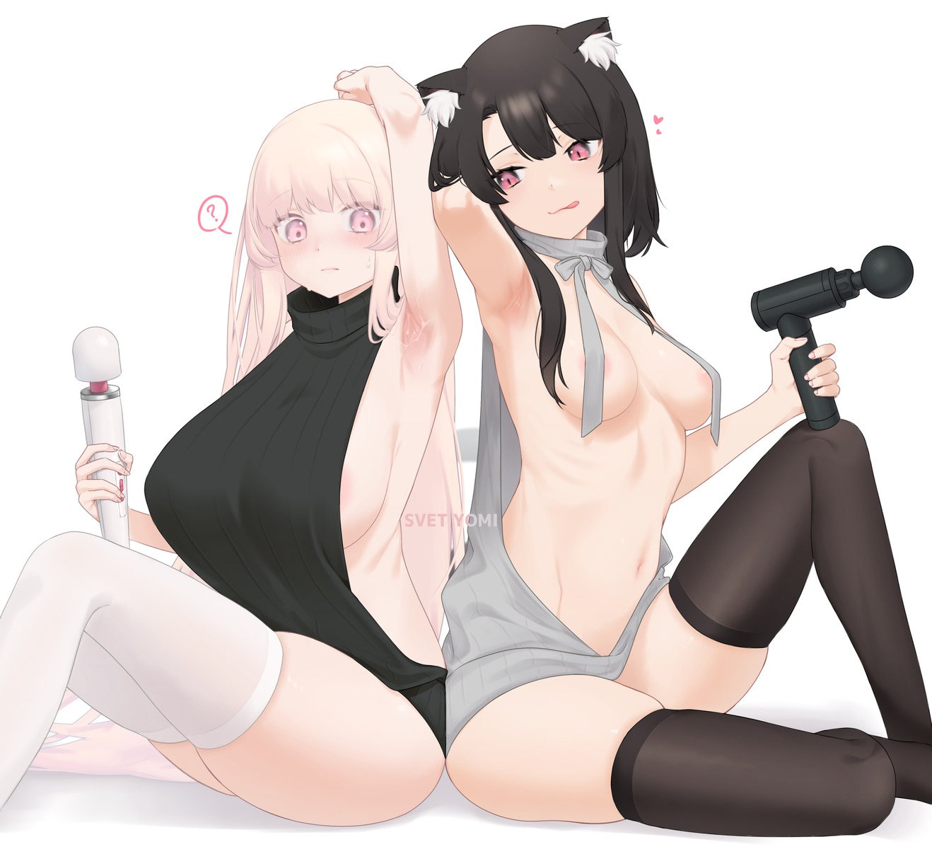 animal_ears areola blanche_neige_(svet_yomi) breasts no_bra svet_yomi sweater thighhighs vibrator