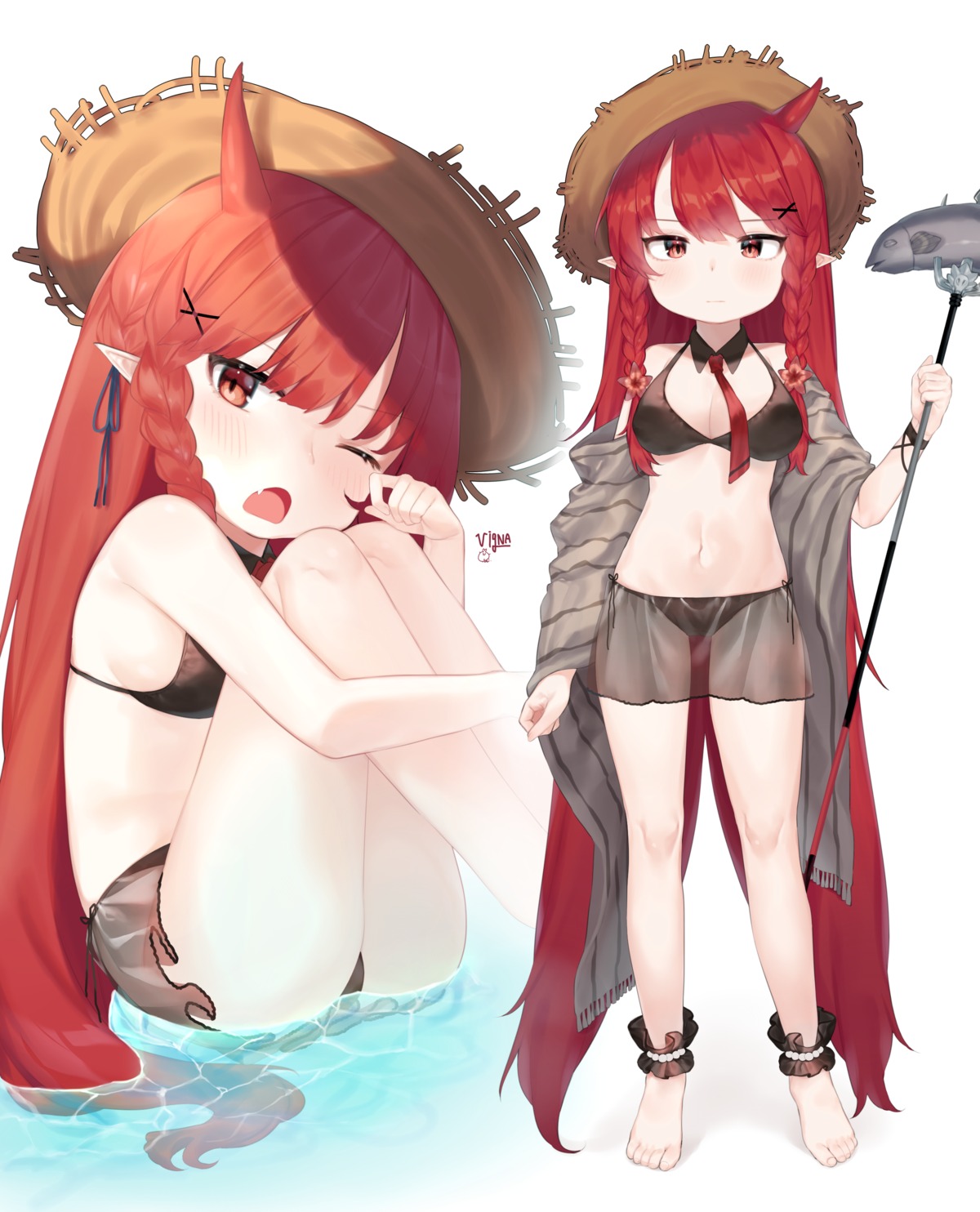 arknights bikini horns open_shirt pointy_ears see_through skirt_lift swimsuits useq1067 weapon wet