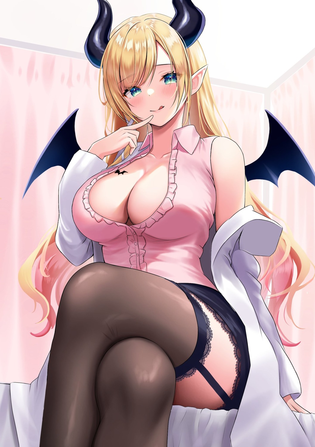 hololive horns kotone_neruneru no_bra open_shirt pointy_ears stockings tattoo thighhighs wings yuzuki_choco