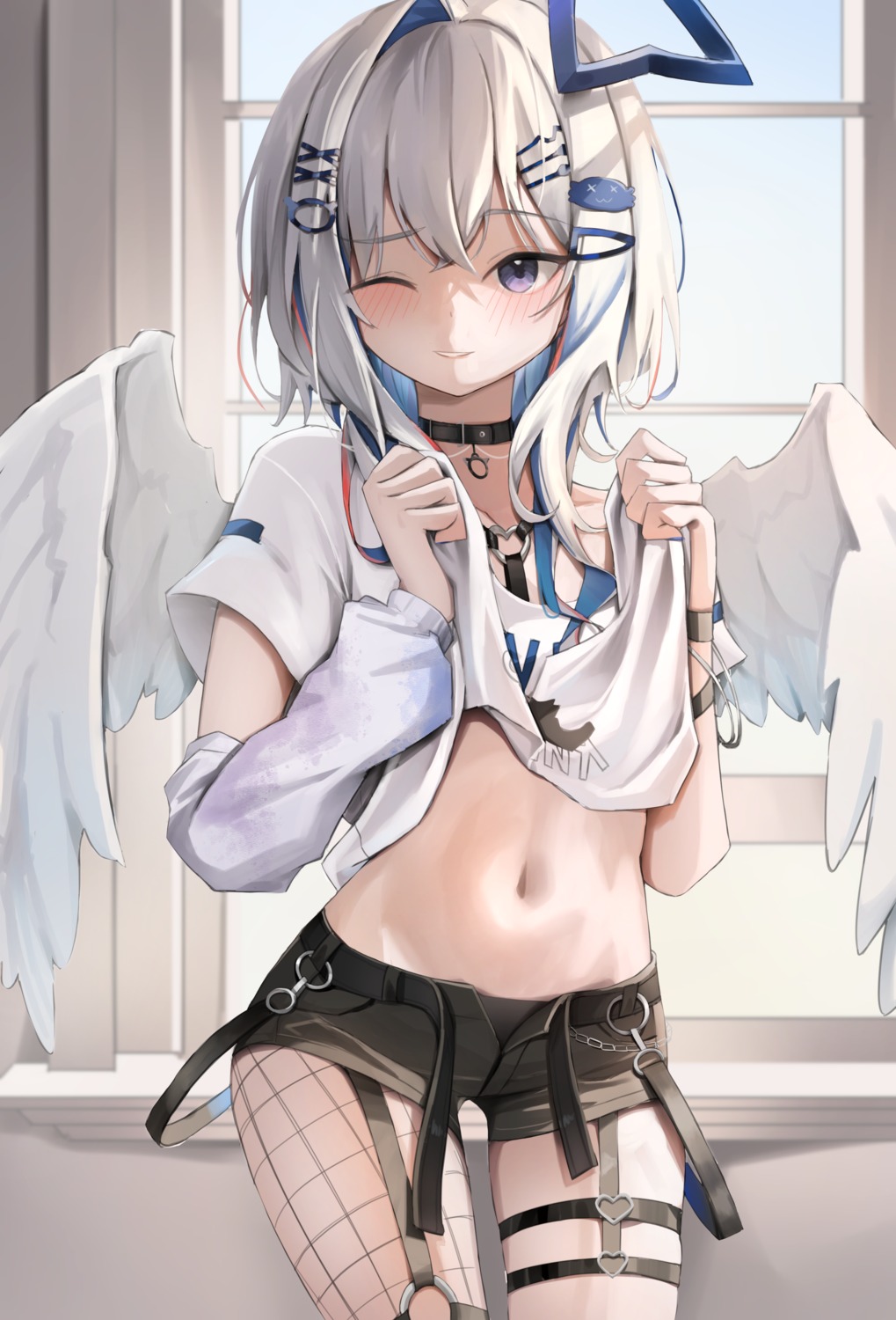 amane_kanata angel fishnets garter hololive kall_(wv0102) loli shirt_lift undressing wings