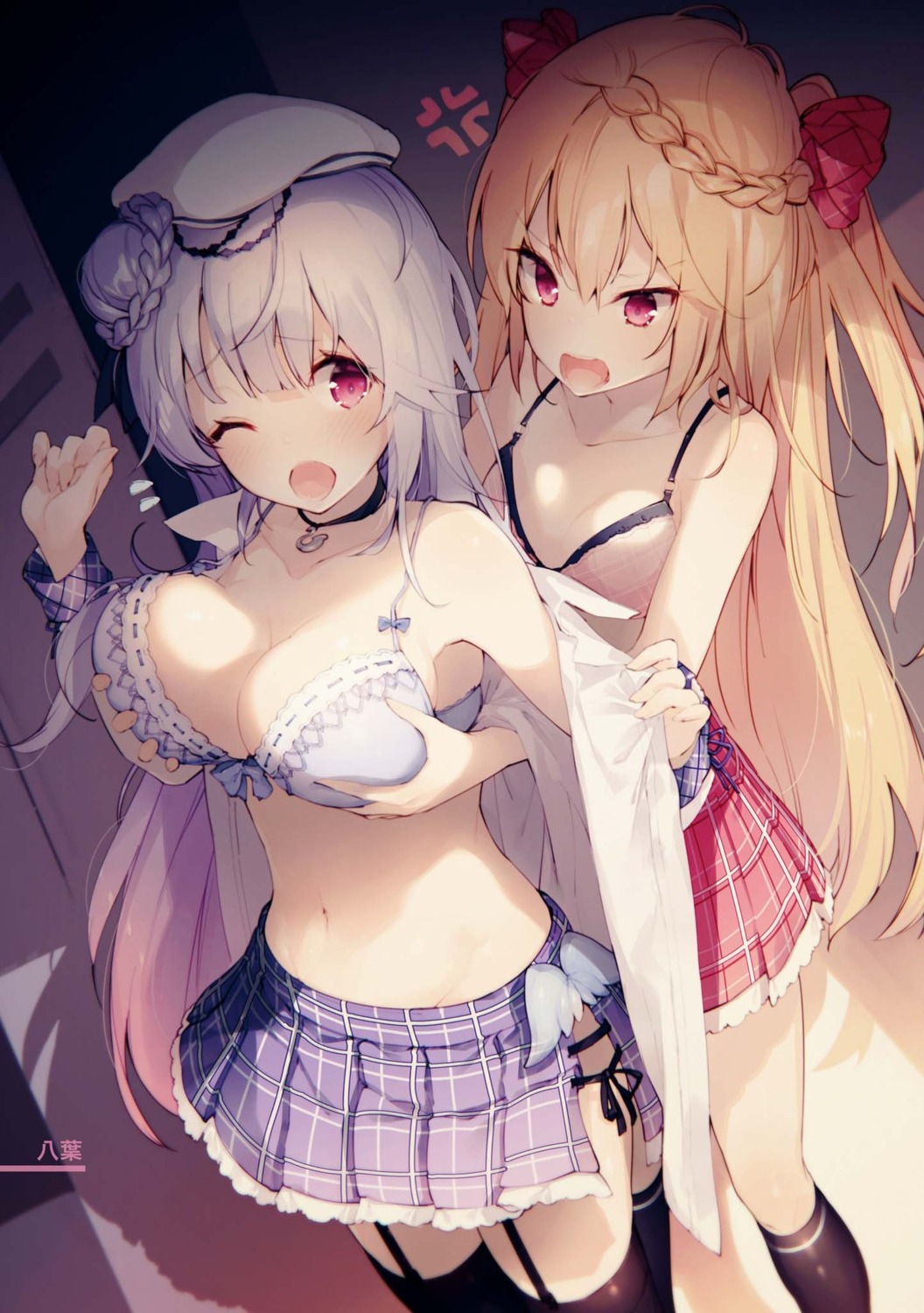 azur_lane bra breast_grab crescent_(azur_lane) cygnet_(azur_lane) mizuya open_shirt seifuku stockings thighhighs undressing yuri