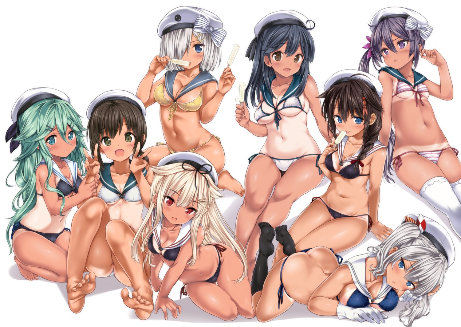 akebono_(kancolle) bikini cleavage feet fubuki_(kancolle) hamakaze_(kancolle) kantai_collection kashima_(kancolle) nijimotohiro_k shigure_(kancolle) swimsuits tan_lines thighhighs underboob ushio_(kancolle) yamakaze_(kancolle) yuudachi_(kancolle)