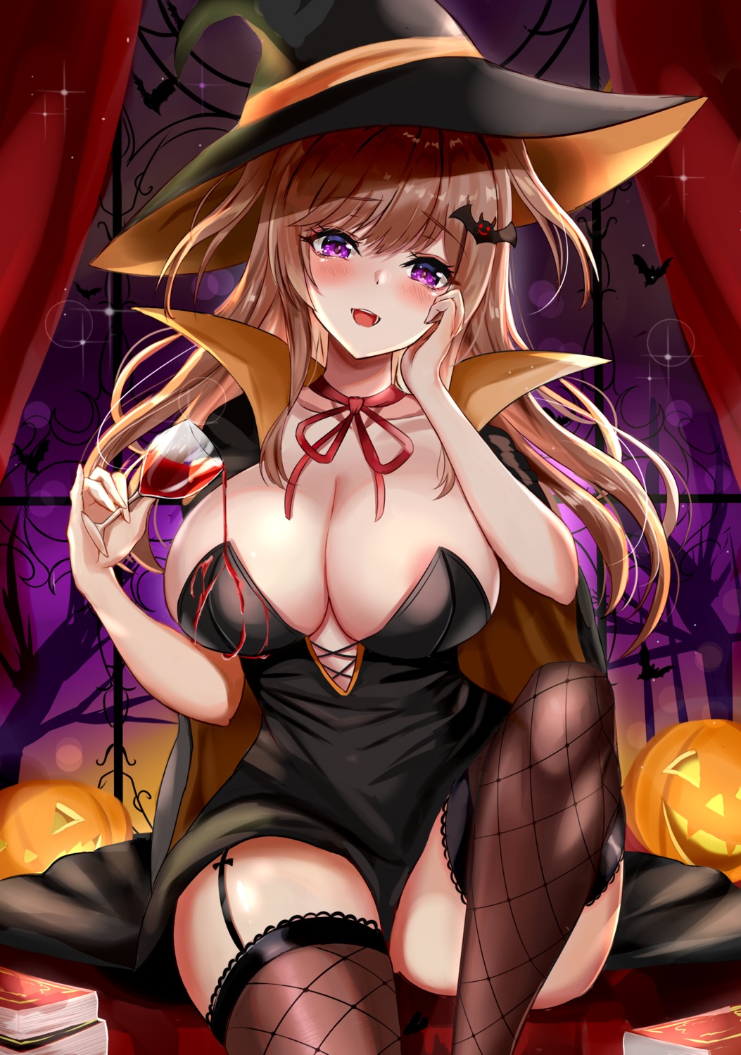 areola dress fishnets halloween kuro_(tbm9187) no_bra skirt_lift stockings thighhighs witch