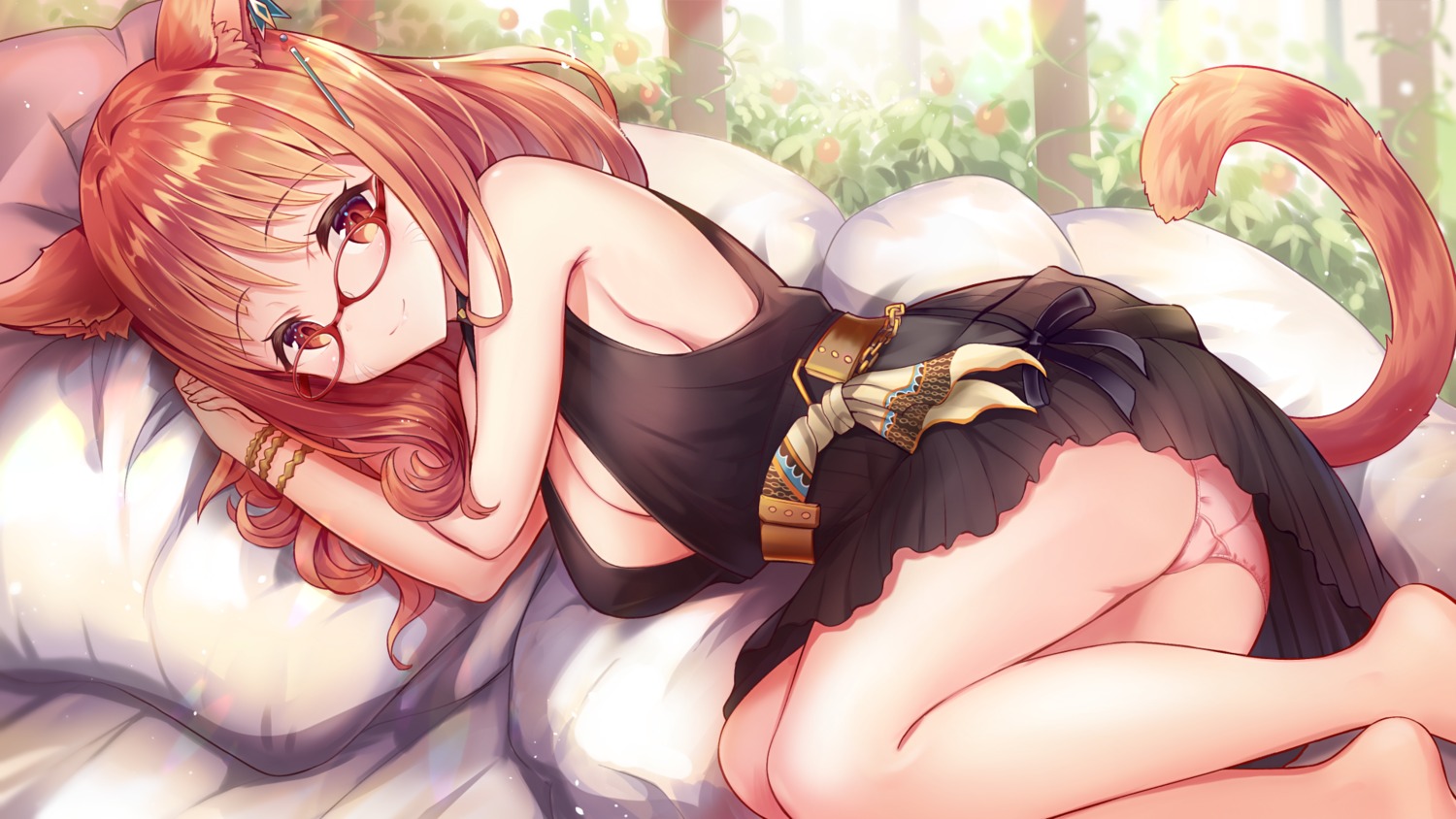 animal_ears ass dress final_fantasy final_fantasy_xiv megane miqo'te no_bra pantsu sakura_ani skirt_lift tail wallpaper