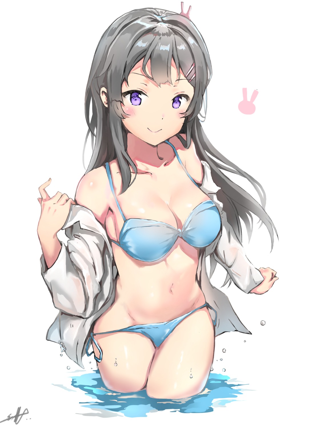 bikini cleavage eru_(aeeu2243) open_shirt panty_pull sakurajima_mai seishun_buta_yarou swimsuits undressing wet