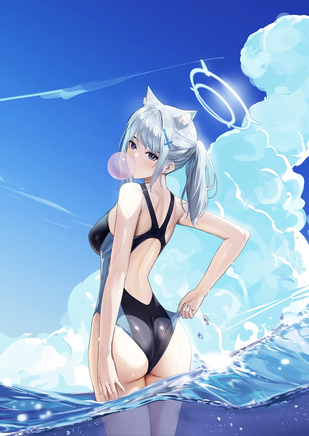 animal_ears ass blue_archive fieryonion halo nekomimi sunaookami_shiroko swimsuits wet