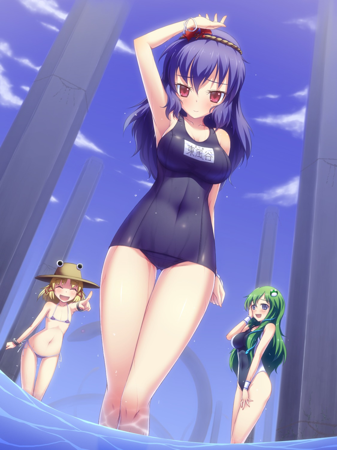 bikini kochiya_sanae loli moriya_suwako nemachi_tsuki school_swimsuit swimsuits touhou yasaka_kanako