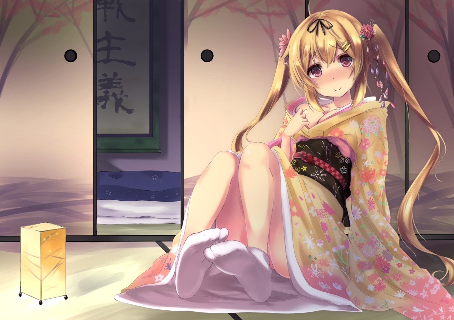 cleavage kantai_collection kimono murasame_(kancolle) no_bra nopan open_shirt purunyara