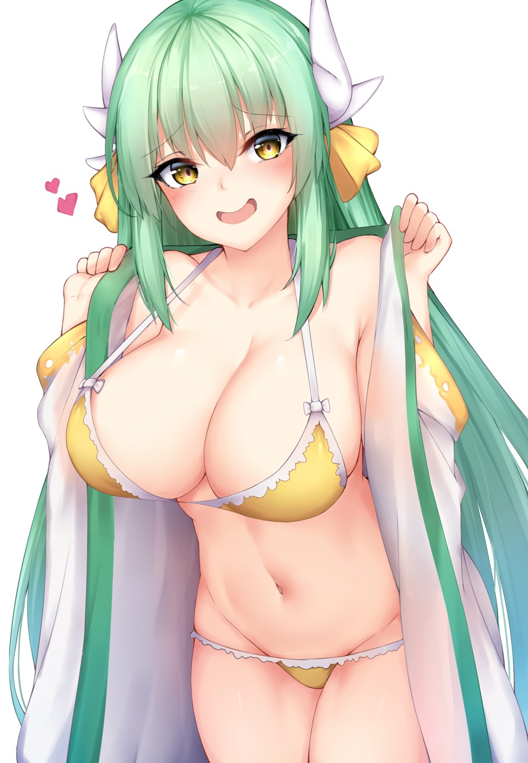 bikini chixiao cleavage fate/grand_order horns japanese_clothes kiyohime_(fate/grand_order) open_shirt swimsuits undressing