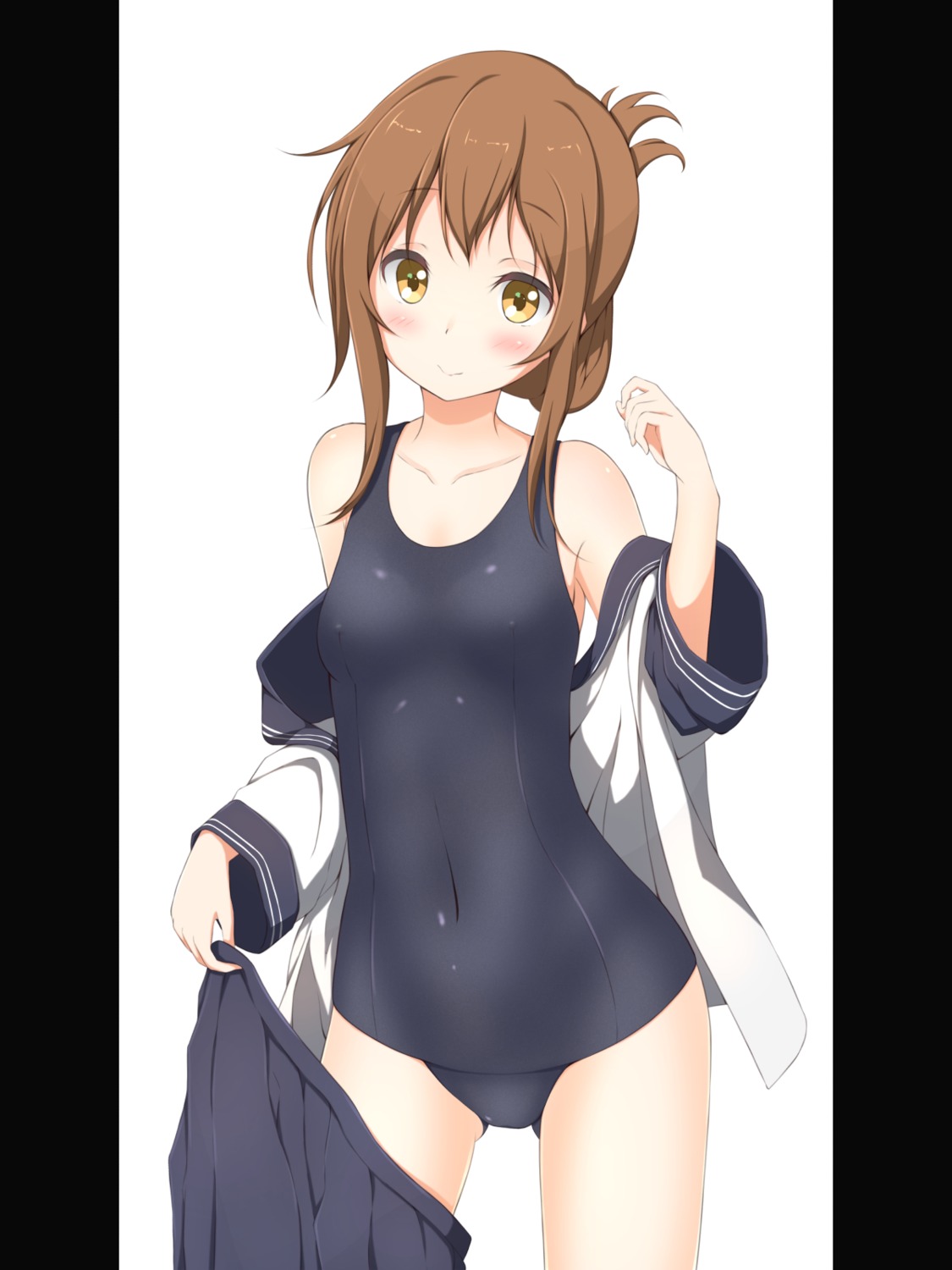 erect_nipples inazuma_(kancolle) kantai_collection numpopo open_shirt school_swimsuit seifuku swimsuits undressing