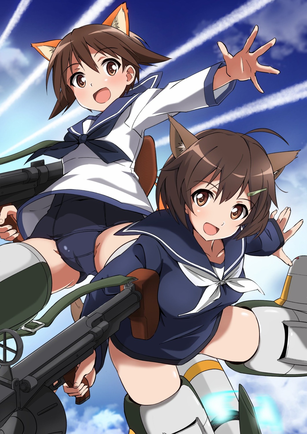 animal_ears cameltoe gun inumimi karibuchi_hikari miyafuji_yoshika school_swimsuit seifuku strike_witches swimsuits tail tricky_46 weapon