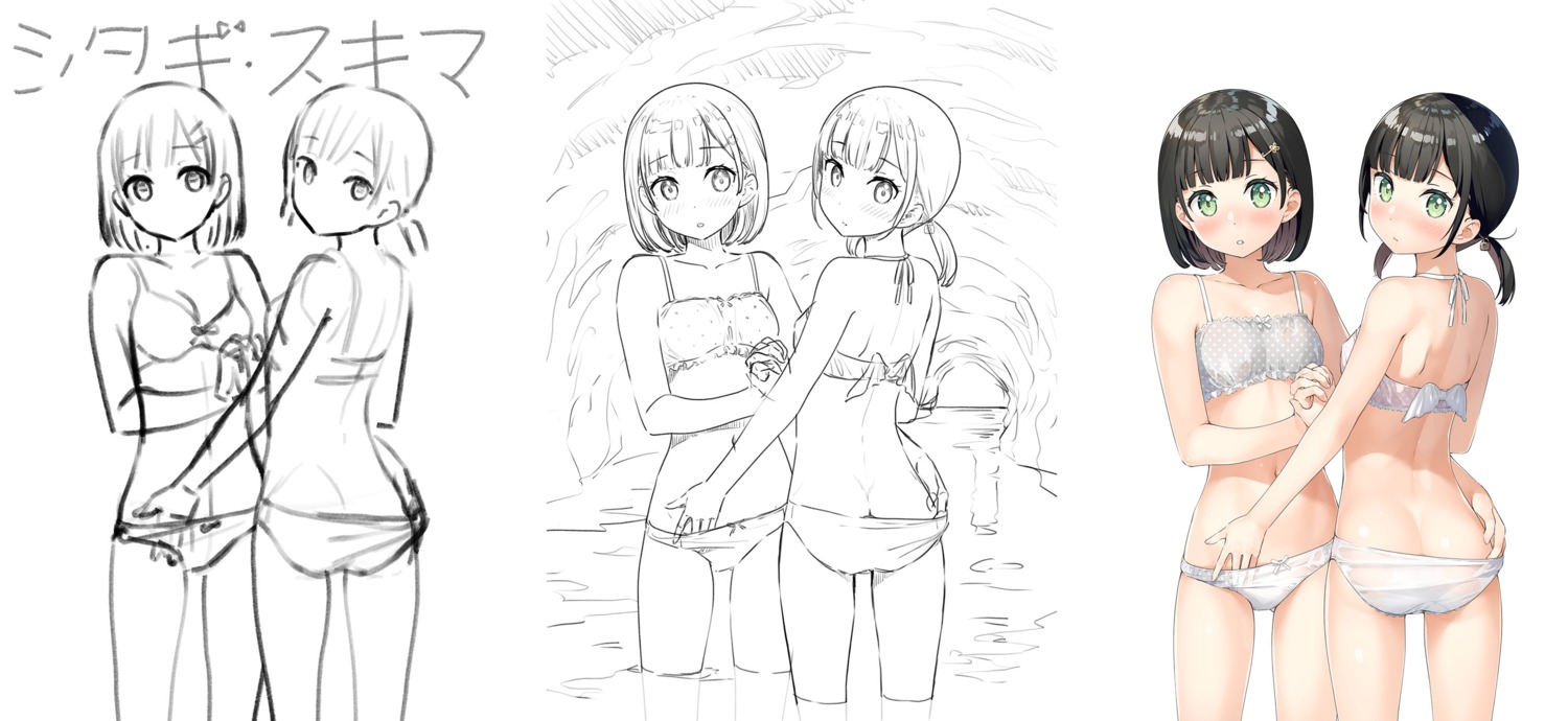 akemi_(kantoku) ass bra himeru_(kantoku) kantoku pantsu panty_pull see_through sketch undressing wet wet_clothes yuri